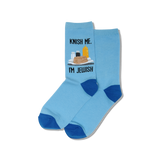 Blue socks with a graphic and text on a white background