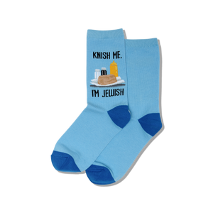 Blue socks with a graphic and text on a white background