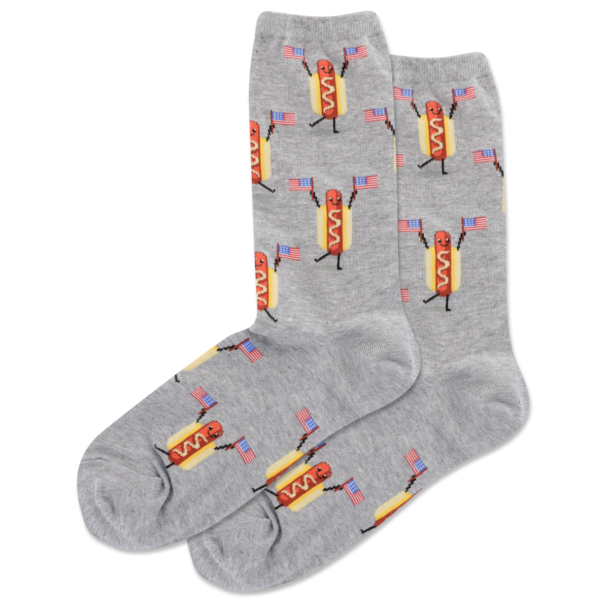 Gray socks with hot dog and flag pattern on a white background
