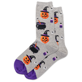 Gray socks with Halloween-themed designs on a white background