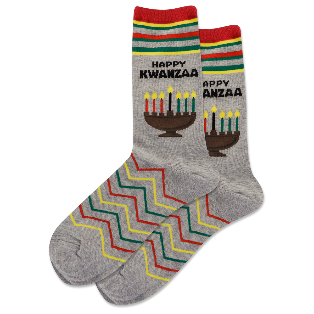 Gray socks with 'Happy Kwanzaa' text and candles design on a white background