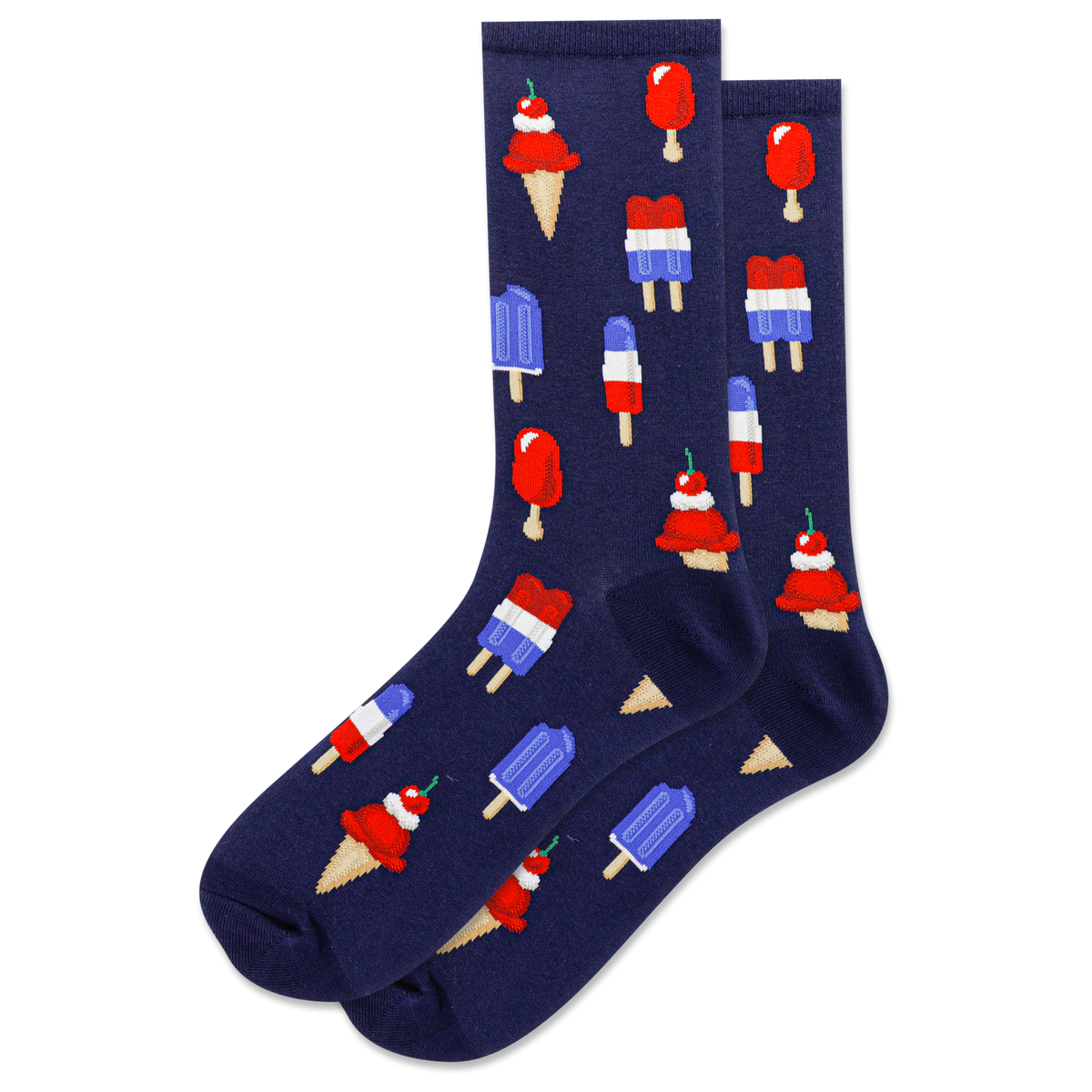 Navy blue socks with ice cream and popsicle pattern on a white background
