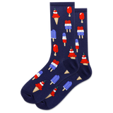 Navy blue socks with ice cream and popsicle pattern on a white background