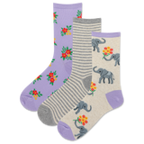 Three pairs of socks with elephant and floral patterns on a white background
