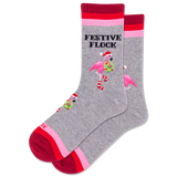 Gray socks with festive flamingo design and red accents on a white background thumbnail