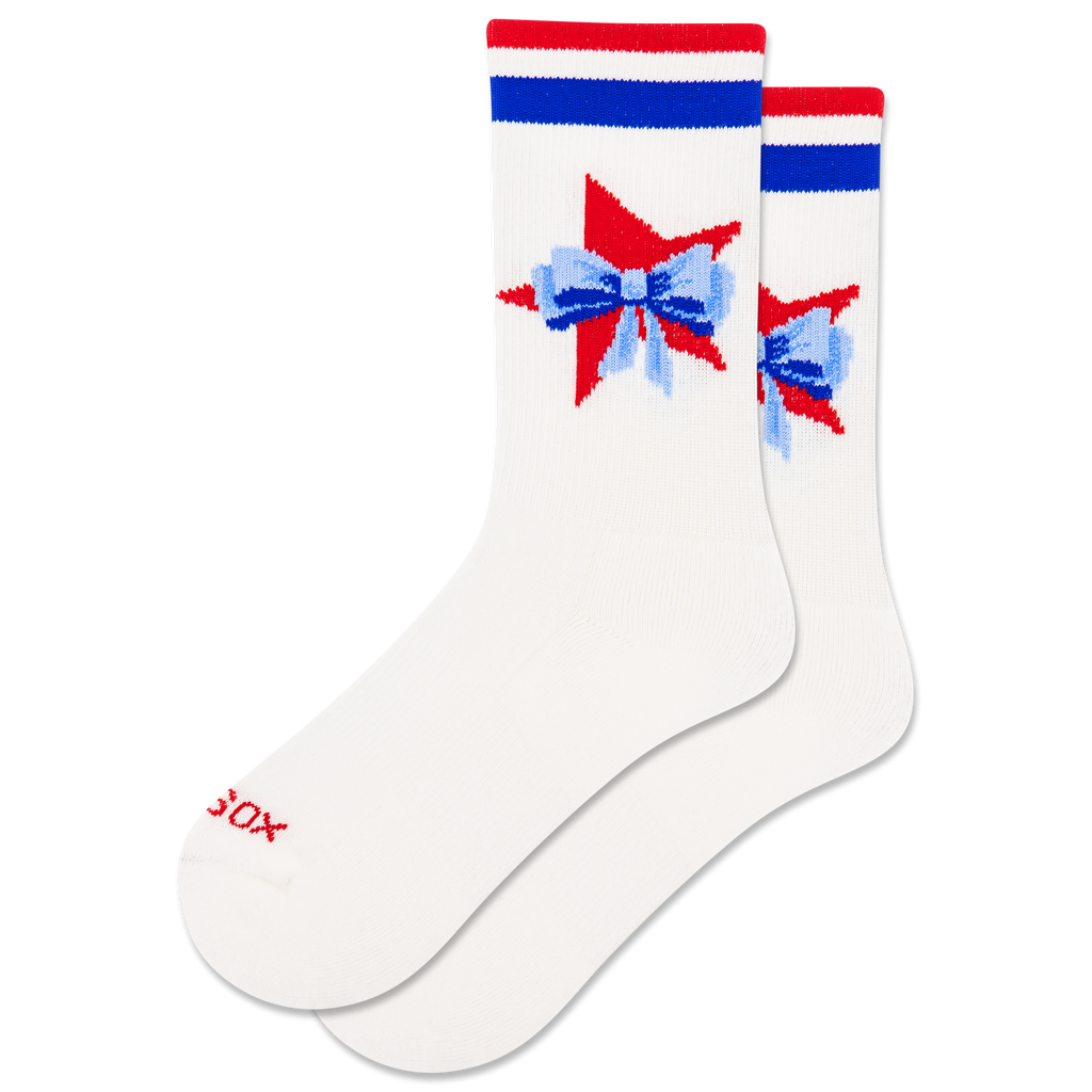 White socks with red and blue bows on a white background
