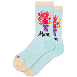 Light blue socks with floral design and 'Mom' text on a white background