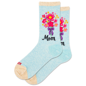 Light blue socks with floral design and 'Mom' text on a white background