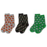 Three pairs of socks with sports-themed patterns on a white background