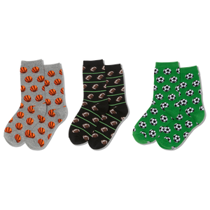 Three pairs of socks with sports-themed patterns on a white background