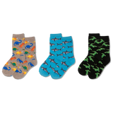Gray socks with colorful dinosaur pattern worn by a child in denim jeans.