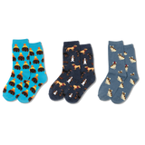 HOTSOX kids sock three pair pack featuring various patterns of different dogs, including dachshunds, basset hounds, bedlington terriers, English bulldogs and rottweilers.