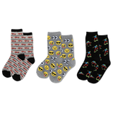 Three pairs of socks with cars, smiley faces and skateboard patterns on a white background thumbnail