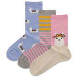 HOTSOX girls' llama novelty crew sock three pair pack with a repeat llama pattern sock, a gray, pink and macaroni yellow striped sock, and a pink sock with closeup artwork of a llama with a flower crown.