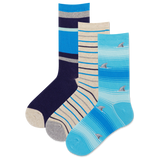Three pairs of socks with different designs on a white background