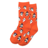 Orange socks with Halloween-themed ghost designs on a white background