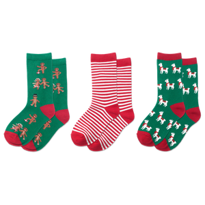 Three pairs of socks with different  Christmas patterns on a white background