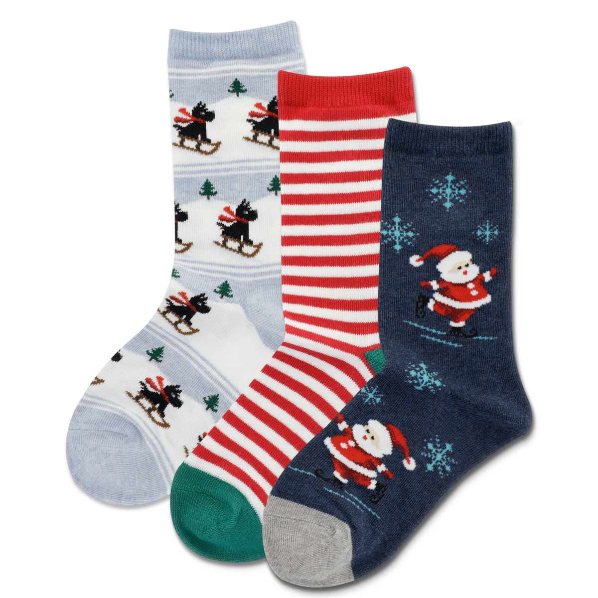 Three pairs of Christmas-themed socks on a white background