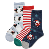 Three pairs of Christmas-themed socks on a white background