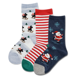 Three pairs of Christmas-themed socks on a white background