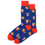 Blue socks with red accents featuring fast food illustrations on a white background