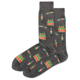 Dark gray socks with beer bottle and glass pattern on a white background