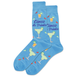 Blue socks with cocktail-themed design and 'Cinco de Drinko' text on a white background thumbnail