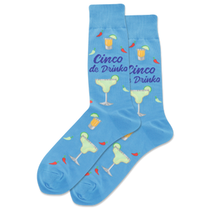 Blue socks with cocktail-themed design and 'Cinco de Drinko' text on a white background