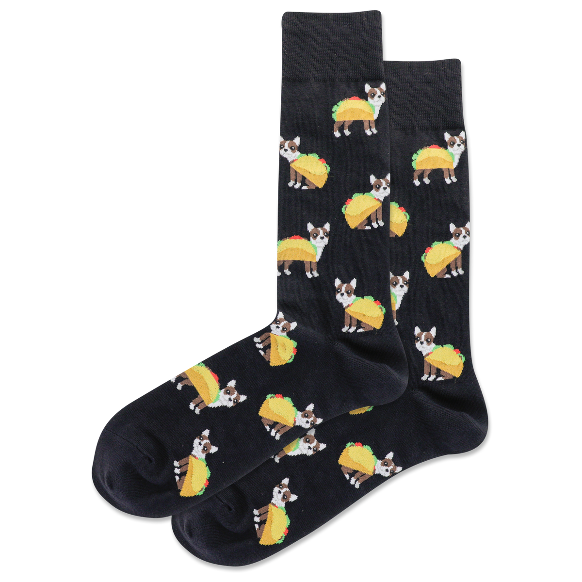Black socks with dog and taco pattern on a white background