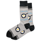 Gray socks with egg and pan design on a white background
