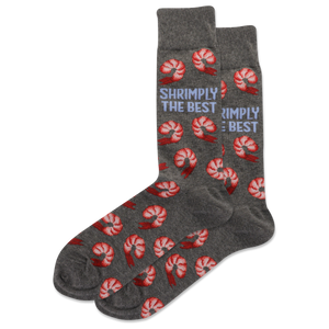 Gray socks with red shrimp pattern and 'Shrimply the Best' text on a white background