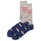 Fishing-themed socks with fish and fishing rod design on a white background