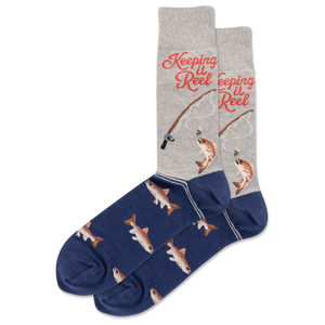 Fishing-themed socks with fish and fishing rod design on a white background