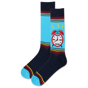 Pair of socks with a clock design and colorful stripes on a white background
