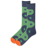 Pair of socks with green and blue pattern on a white background