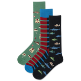 Three pairs of socks with different patterns on a white background