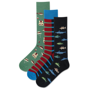 Three pairs of socks with different patterns on a white background