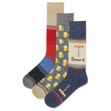Set of three socks with different beer-themed and striped patterns on a white background