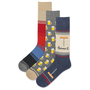 Set of three socks with different beer-themed and striped patterns on a white background