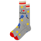 Gray socks with pickleball-themed design on a white background