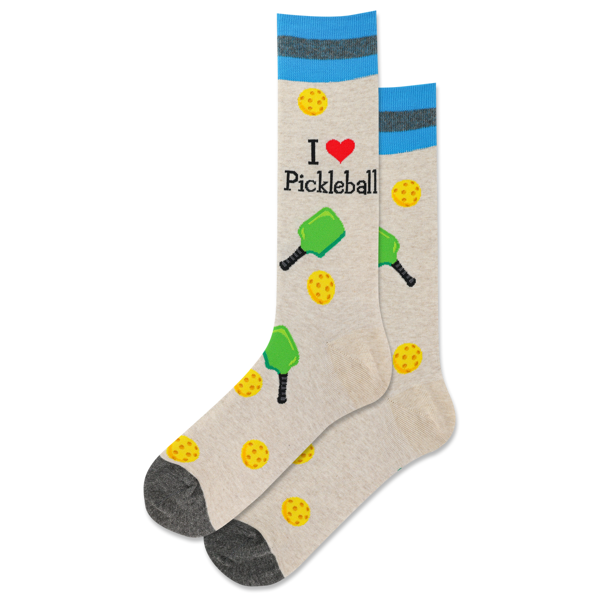 Socks with pickleball designs and text on a white background