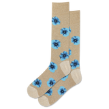 Beige socks with blue flower patterns on a white background