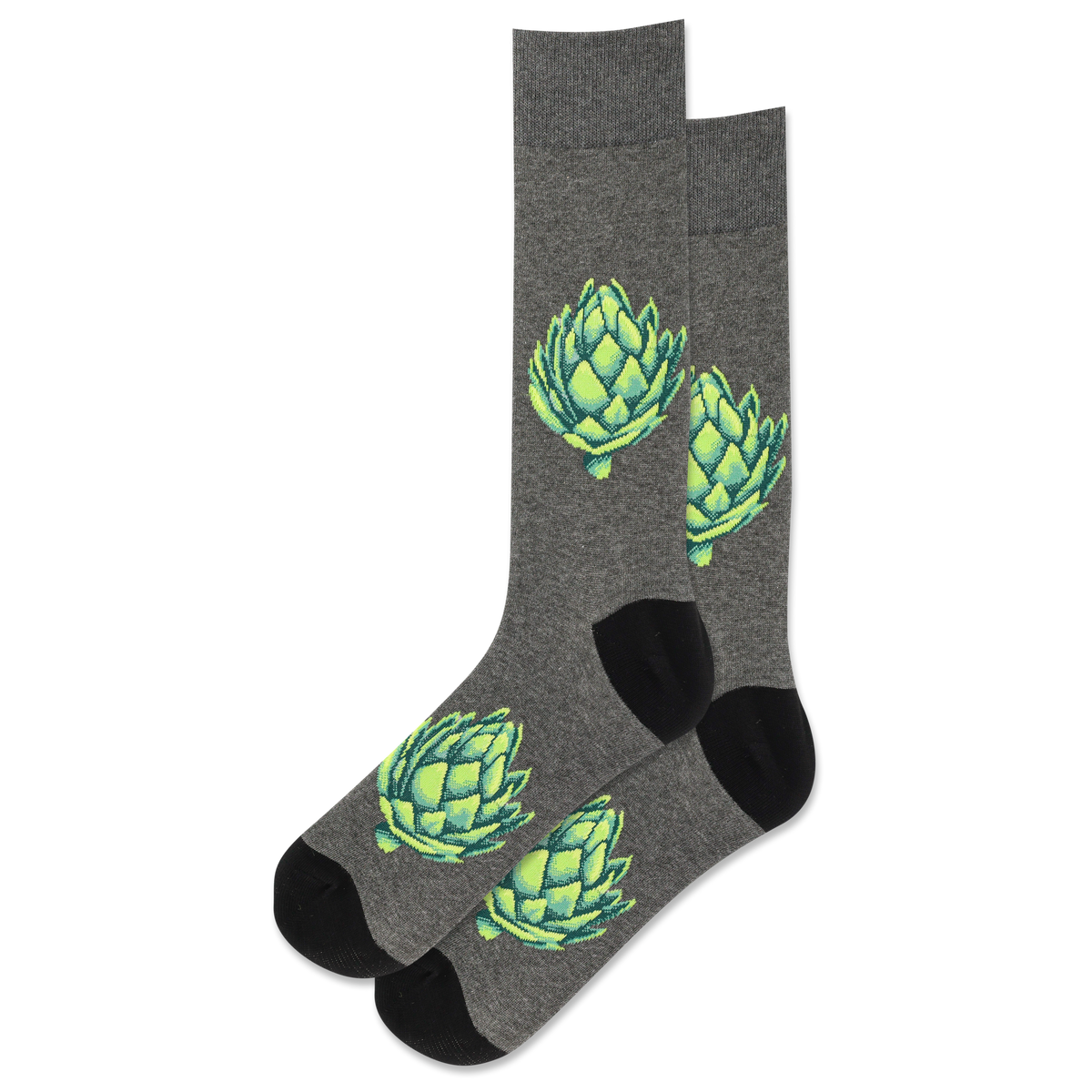 Gray socks with green artichoke design on a white background