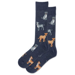 Navy blue socks with dog illustrations on a white background
