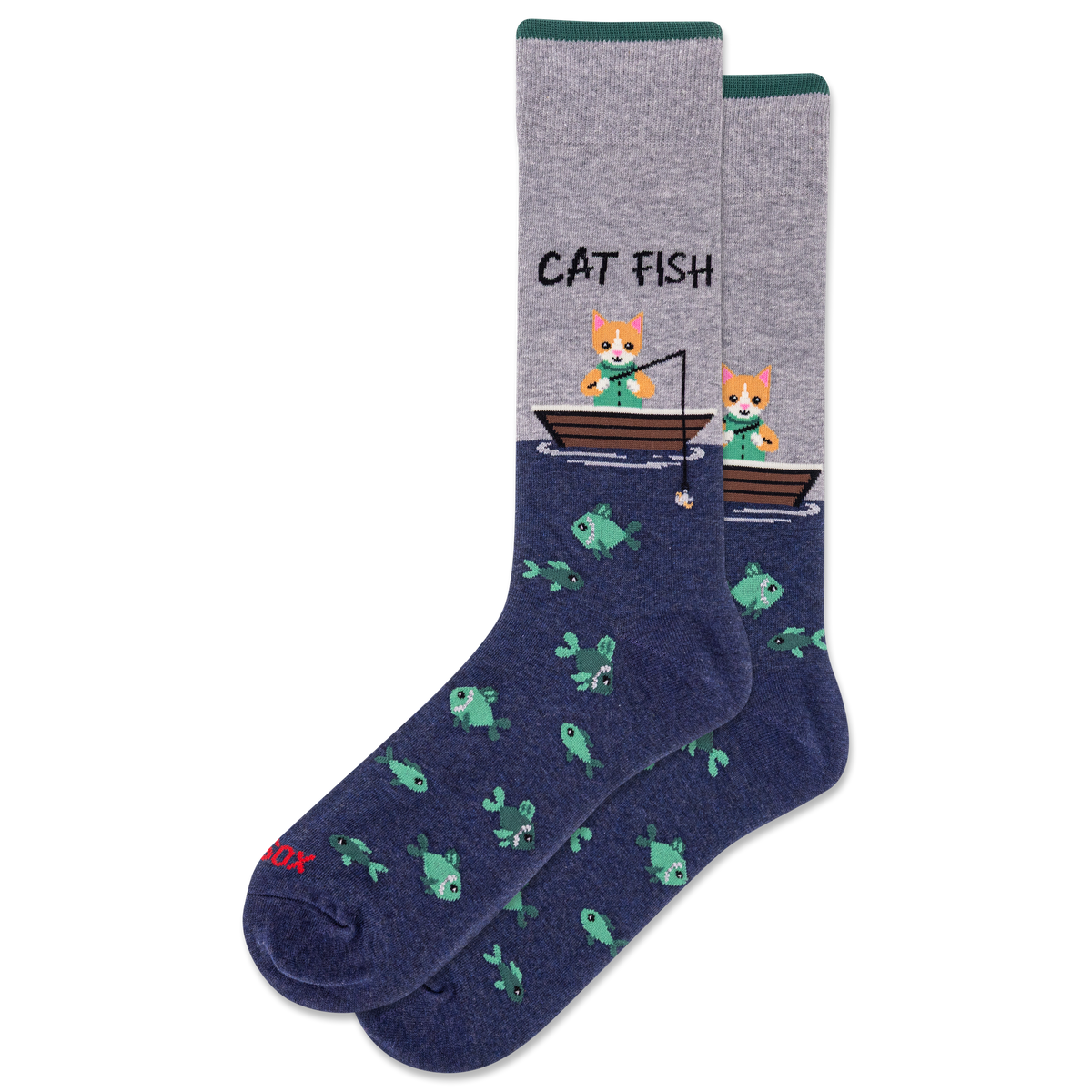 Pair of socks with cat and fish design on a white background