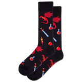 Black socks with red dragon and fantasy-themed designs on a white background