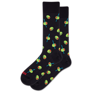 Black socks with green olive pattern on a white background