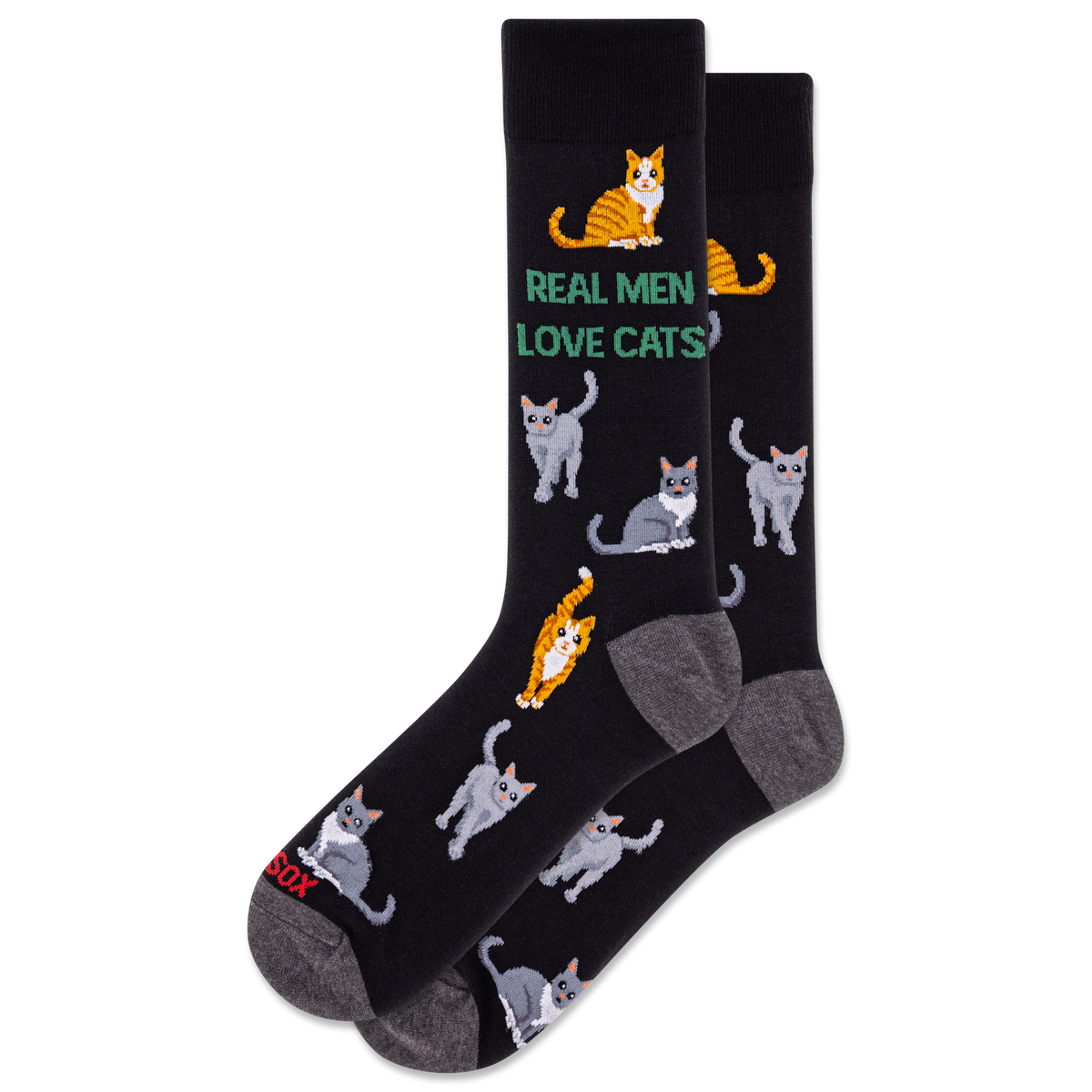 HOTSOX Men's black socks with a pattern of different cats and the phrase 'REAL MEN LOVE CATS'