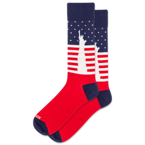 Red, white, and blue socks with Statue of Liberty design on a white background