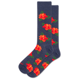Men's navy HOTSOX sock with repeat hibiscus floral pattern